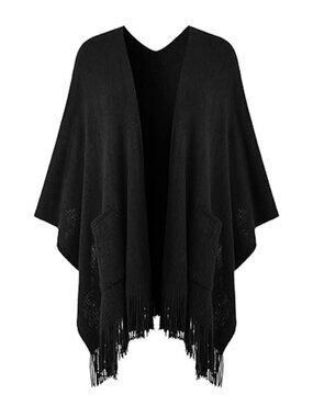 Womens Cozy Lightweight Poncho Shawl Wrap Cape Ruana with Pockets Fall Winter